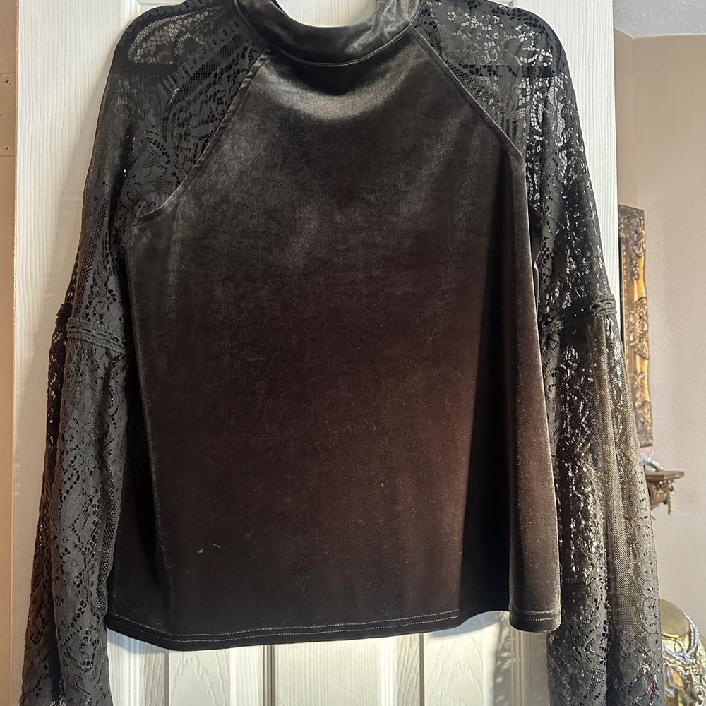Olive Green Velvet Top with Lace Sleeves